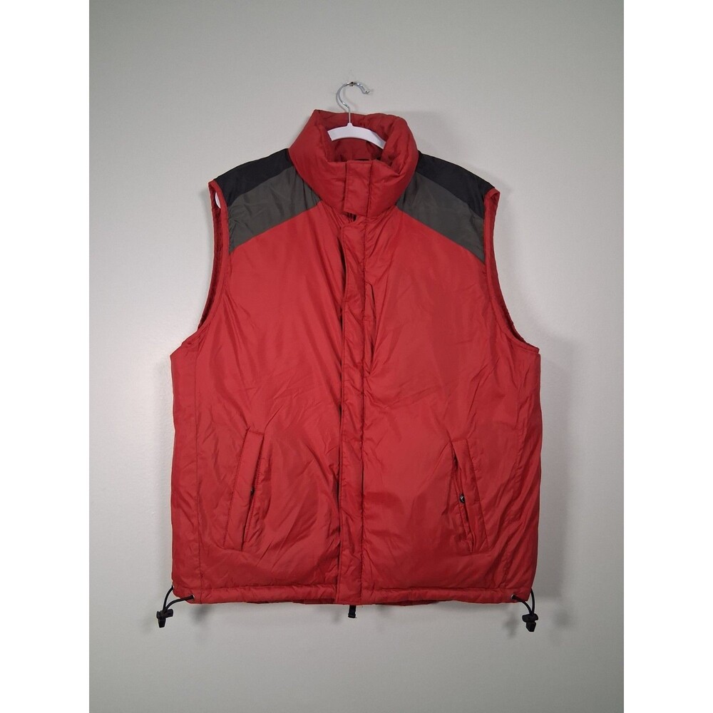 GAP Reversible Puffer Vest Mens Large Hidden Hood Red Black Down Filled Pockets